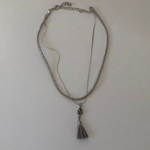 Leather Stud & Silver Tassel & Crystal Necklace